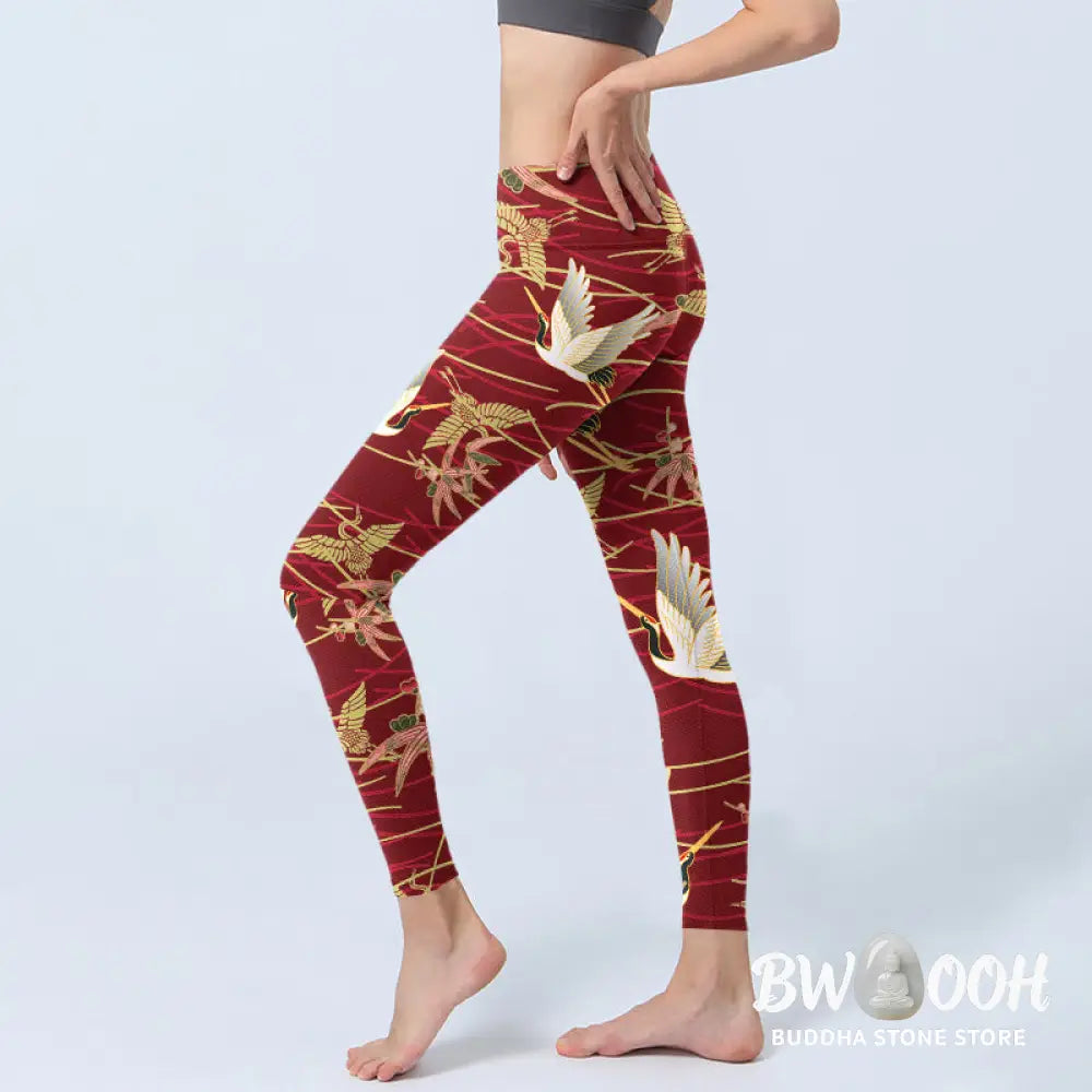 BWOOOH printed yoga leggings - Flying Cranes Slender Branches Print Gym