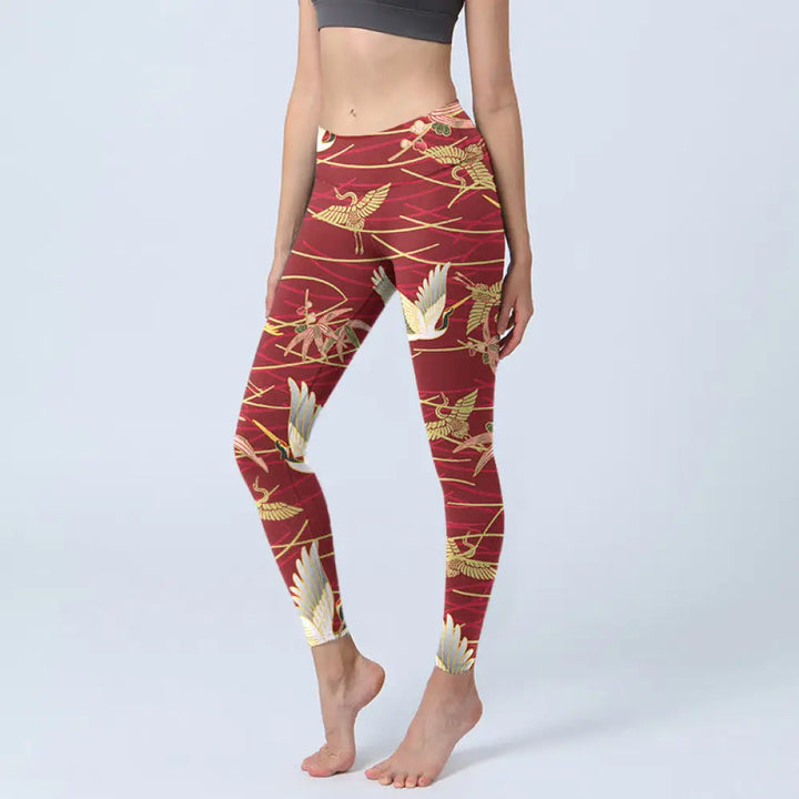 BWOOOH printed yoga leggings - Flying Cranes Slender Branches Print Gym