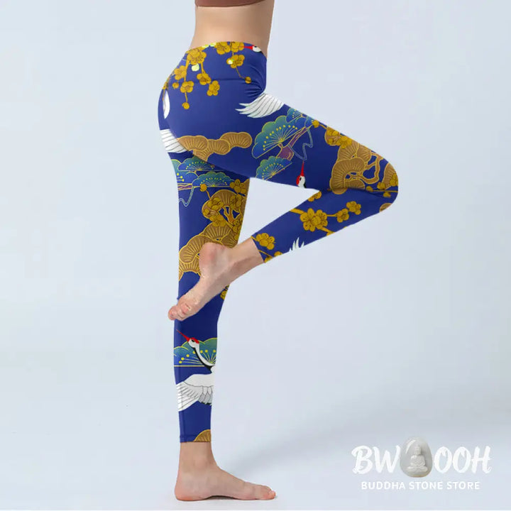 BWOOOH printed yoga leggings - Flying Red-Crowned Crane Pine Tree Flowe