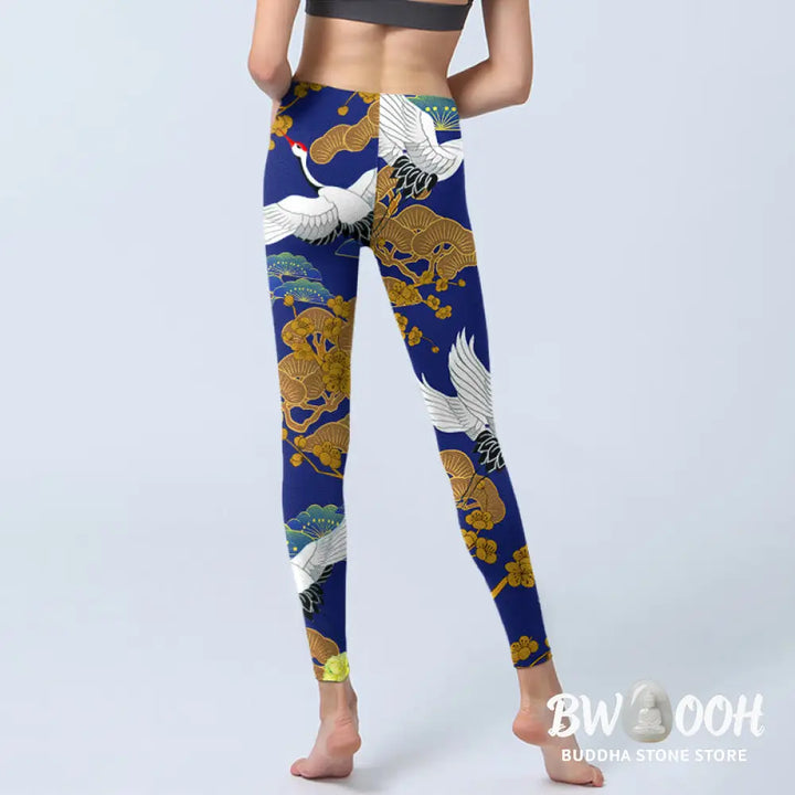 BWOOOH printed yoga leggings - Flying Red-Crowned Crane Pine Tree Flowe
