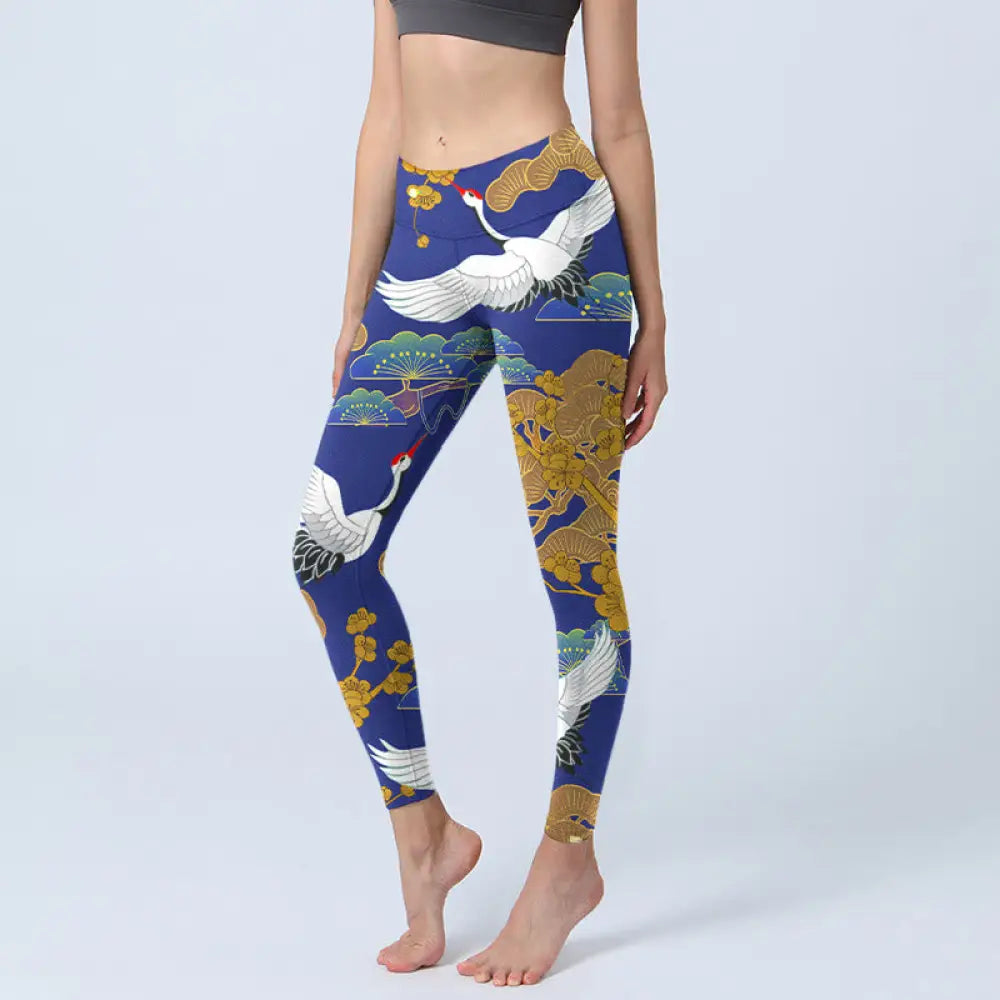 BWOOOH printed yoga leggings - Flying Red-Crowned Crane Pine Tree Flowe