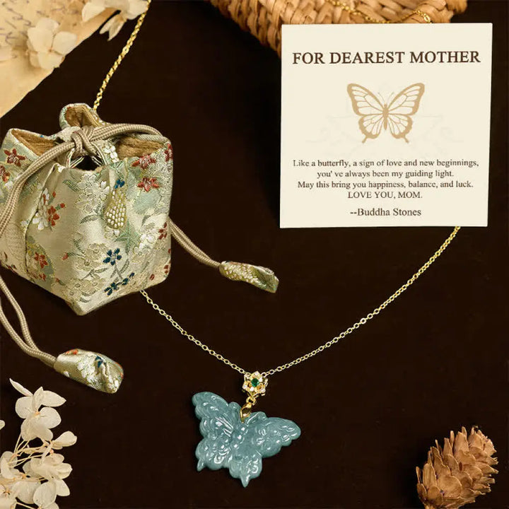 Buddha Stones ’FOR DEAREST MOTHER’ Jade Butterfly Abundance Necklace Pendants Includes Gift Message Card - BWOOOH