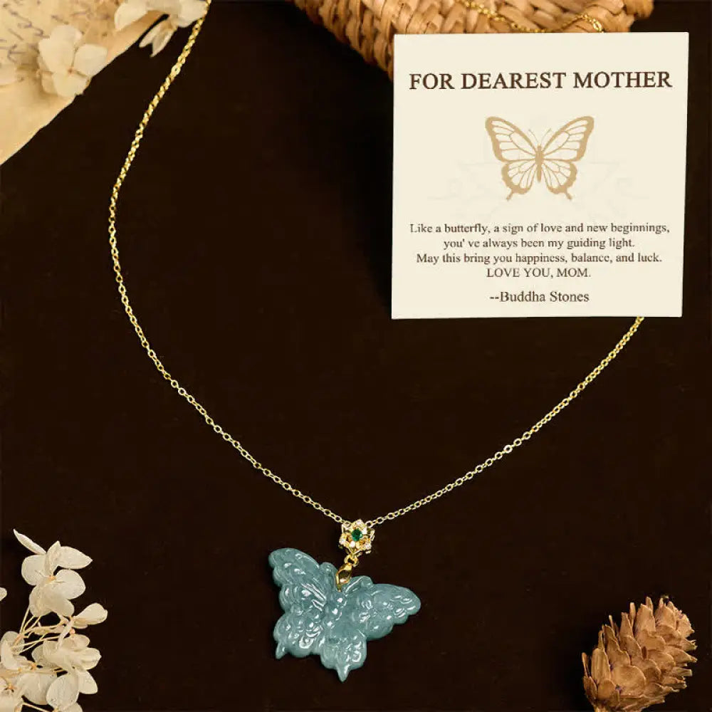 Buddha Stones ’FOR DEAREST MOTHER’ Jade Butterfly Abundance Necklace Pendants Includes Gift Message Card - BWOOOH