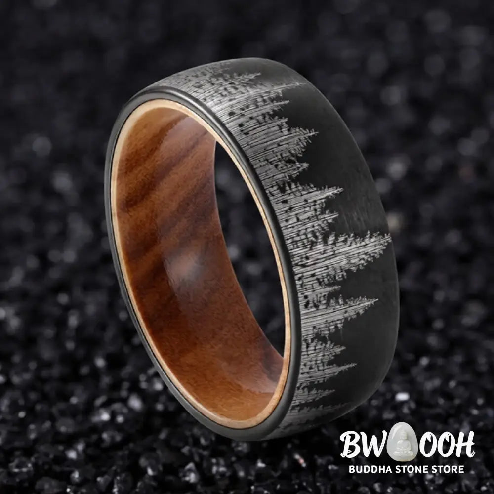 Buddha Stones Forest Pattern Wood Tungsten Steel Strength Ring - Ring