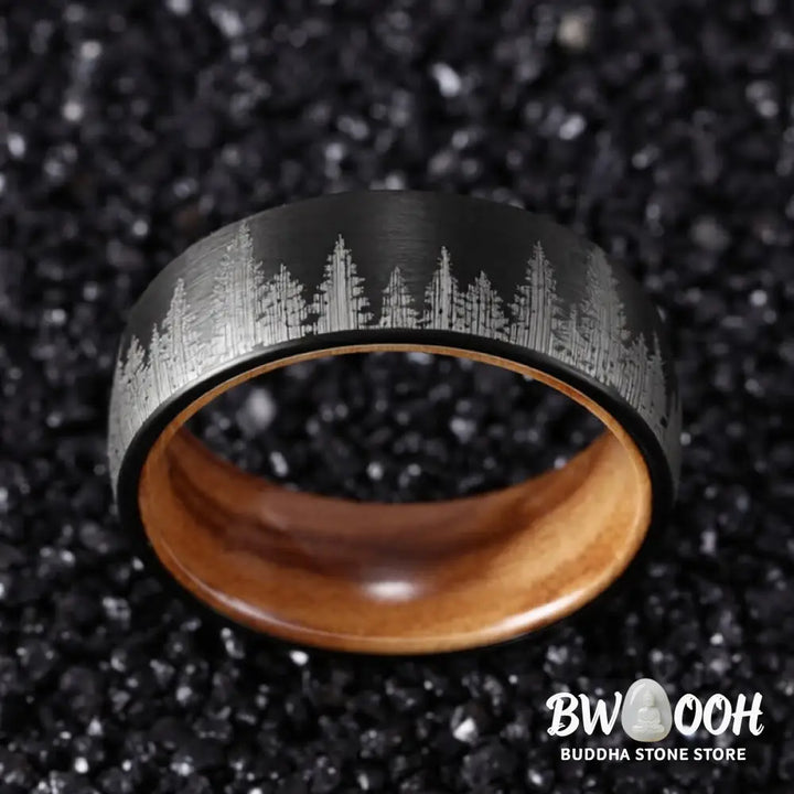 Buddha Stones Forest Pattern Wood Tungsten Steel Strength Ring - Ring