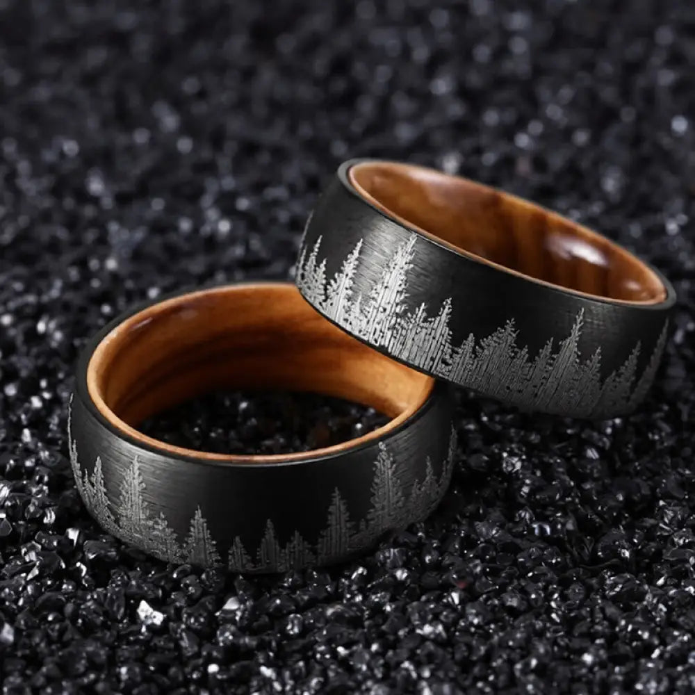BWOOOH Forest Pattern Wood Tungsten Steel Strength Ring — Wood crystal healing bracelet for spiritual healing and mindful ...