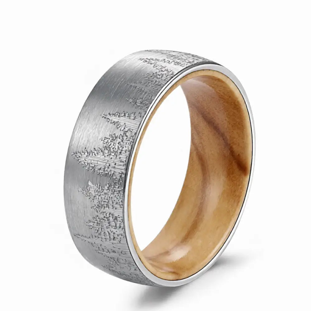 Buddha Stones Forest Pattern Wood Tungsten Steel Strength Ring - White / 16.5 mm - Ring