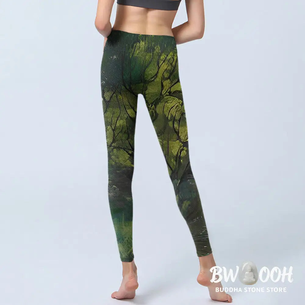 BWOOOH printed yoga leggings - ForestGreen Leaves Black Lines Print Exe