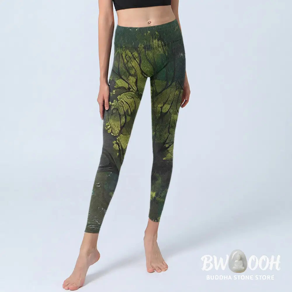 BWOOOH printed yoga leggings - ForestGreen Leaves Black Lines Print Exe