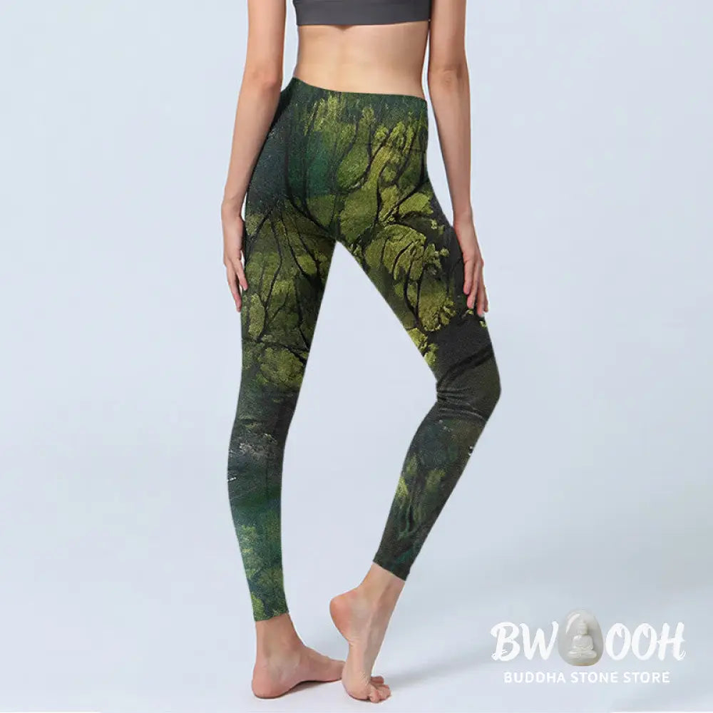 BWOOOH printed yoga leggings - ForestGreen Leaves Black Lines Print Exe