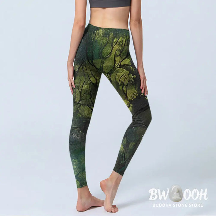 BWOOOH printed yoga leggings - ForestGreen Leaves Black Lines Print Exe