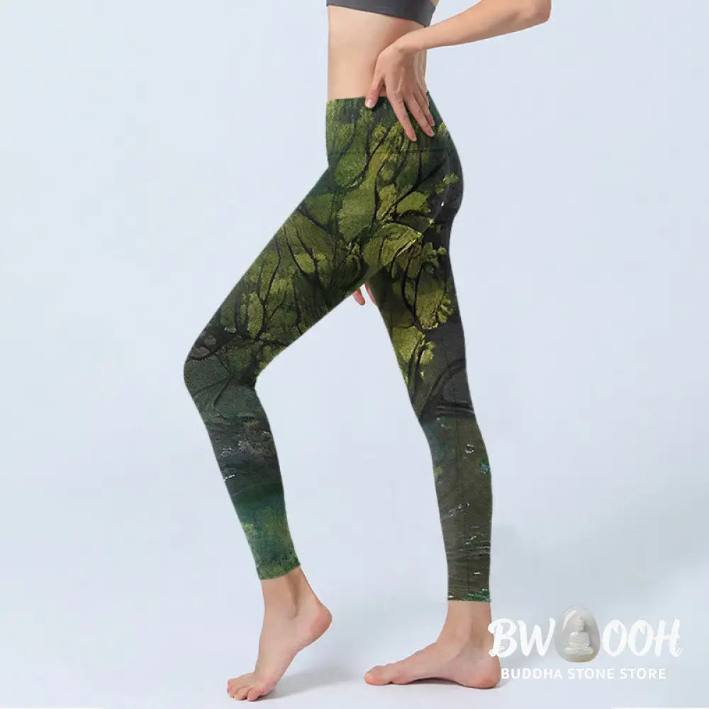 BWOOOH printed yoga leggings - ForestGreen Leaves Black Lines Print Exe
