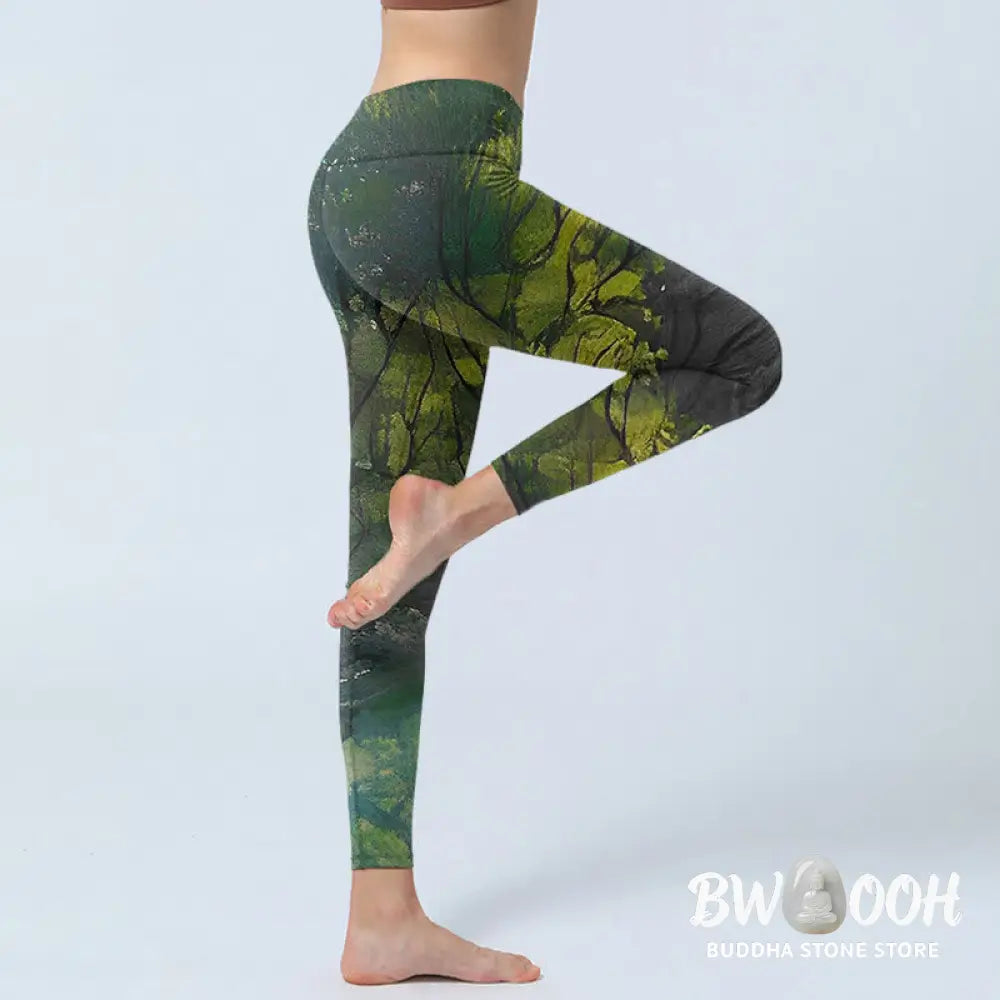 BWOOOH printed yoga leggings - ForestGreen Leaves Black Lines Print Exe