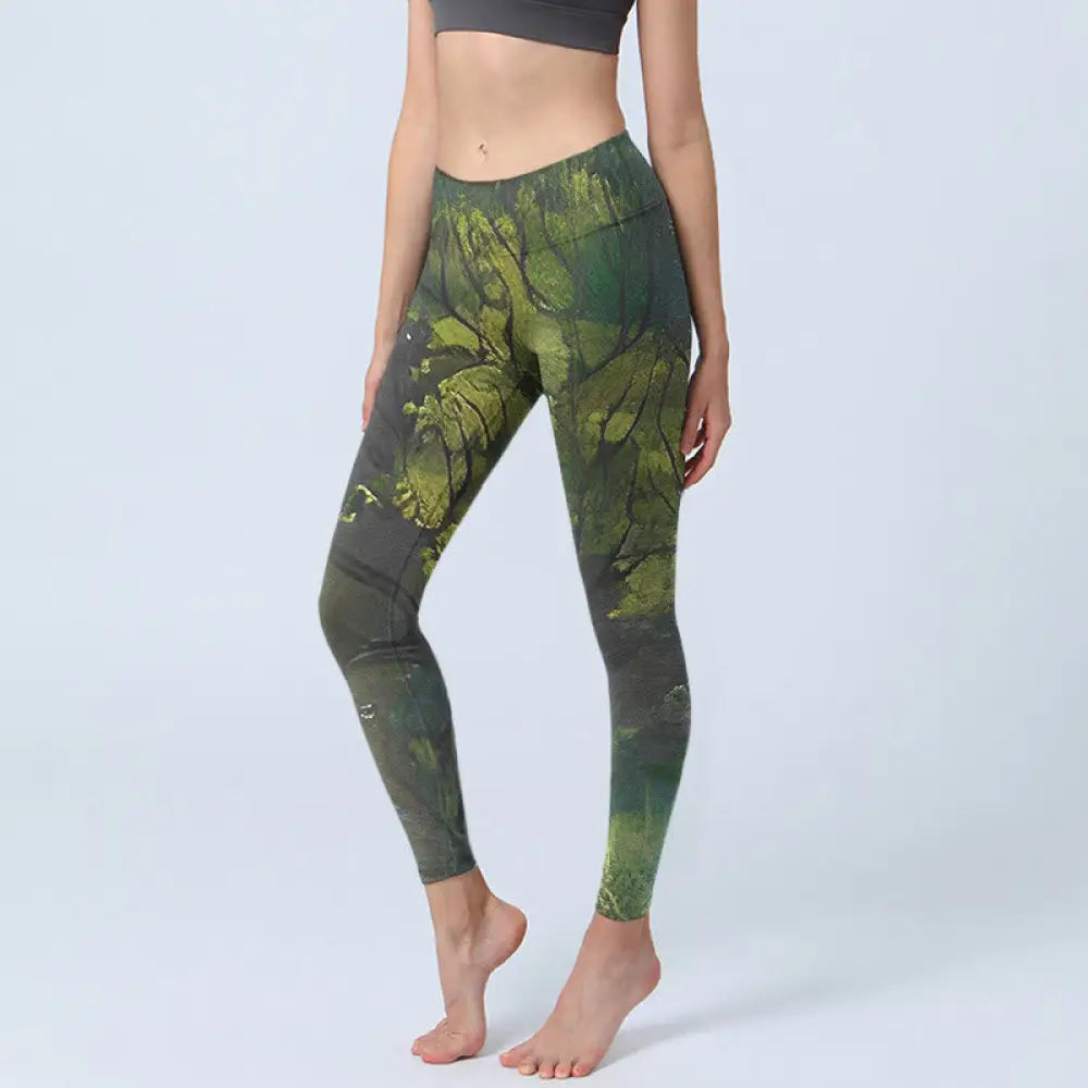 BWOOOH printed yoga leggings - ForestGreen Leaves Black Lines Print Exe