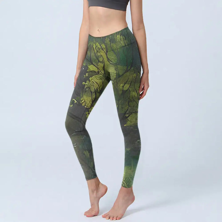 BWOOOH printed yoga leggings - ForestGreen Leaves Black Lines Print Exe