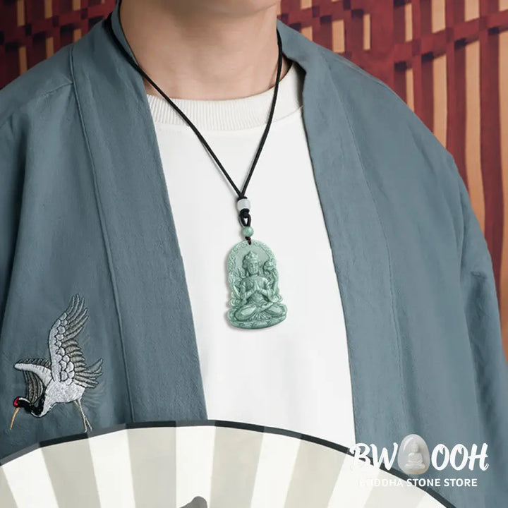 Buddha Stones Four-armed Avalokitesvara Natural Jade Amulet Blessing String Necklace - BWOOOH - AVALOKITESVARA SYMBOL