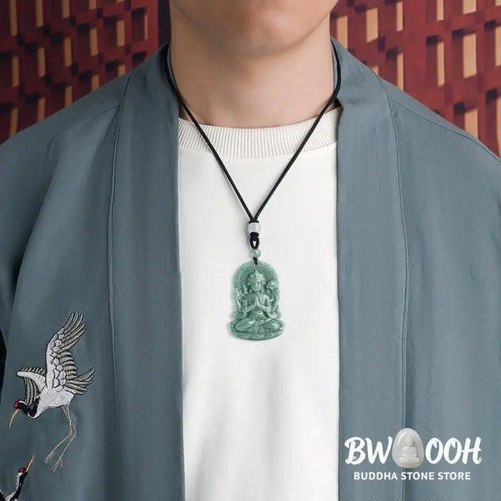 Buddha Stones Four-armed Avalokitesvara Natural Jade Amulet Blessing String Necklace - BWOOOH - AVALOKITESVARA SYMBOL