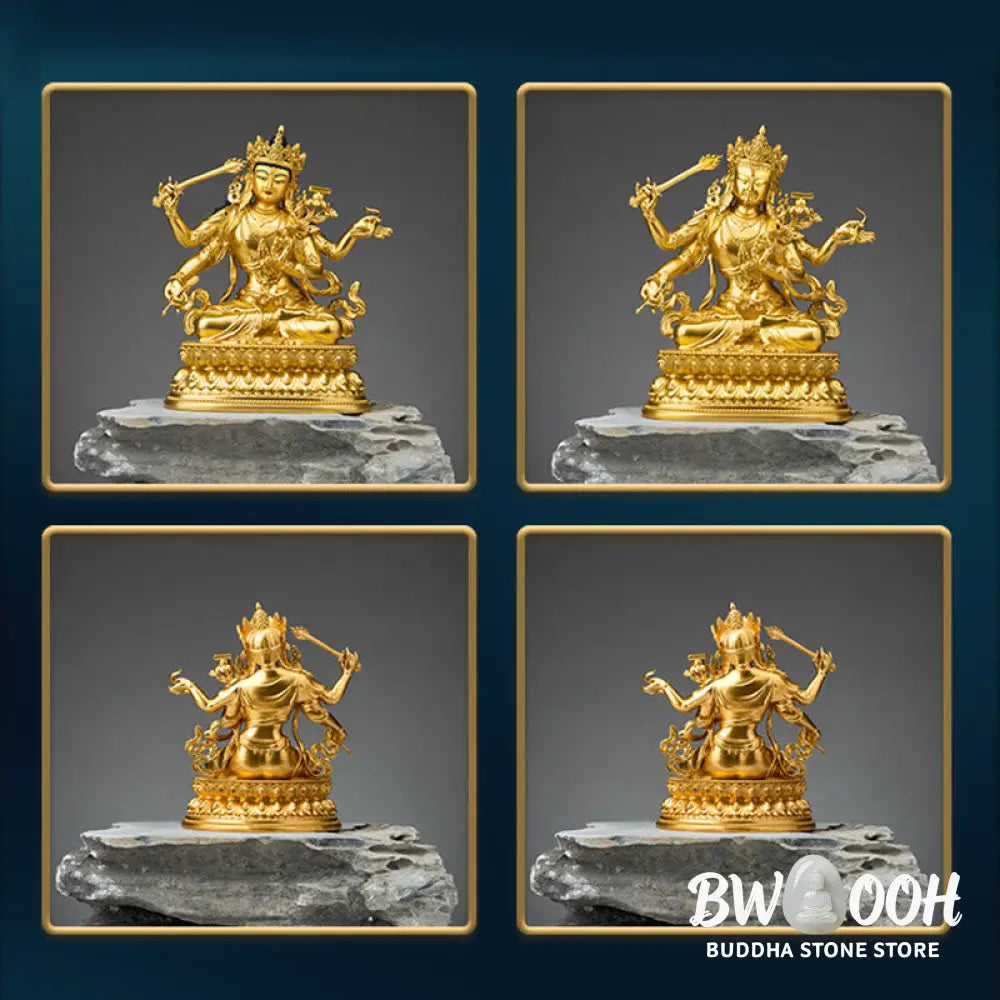 BWOOOH Four-armed Manjusri Bodhisattva Gold Figurine Compassion Serenity Copper Statue Home Decoration - Painted