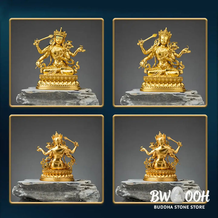 BWOOOH Four-armed Manjusri Bodhisattva Gold Figurine Compassion Serenity Copper Statue Home Decoration - Painted