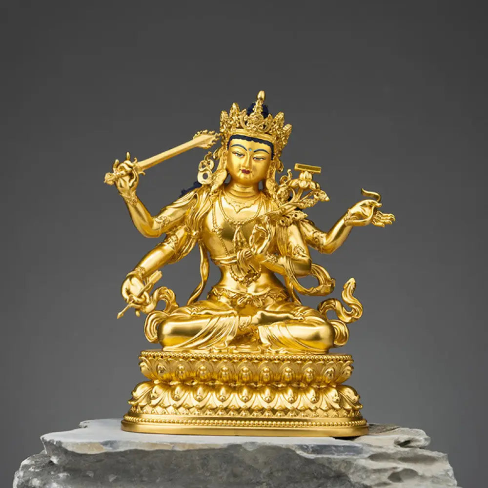 BWOOOH Four-armed Manjusri Bodhisattva Gold Figurine Compassion Serenity Copper Statue Home Decoration - Painted