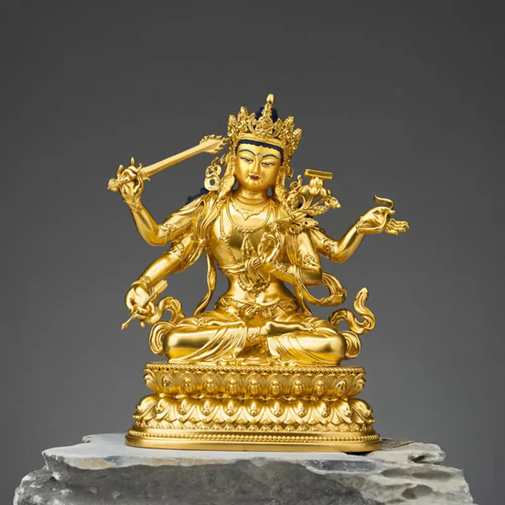 BWOOOH Four-armed Manjusri Bodhisattva Gold Figurine Compassion Serenity Copper Statue Home Decoration - Painted