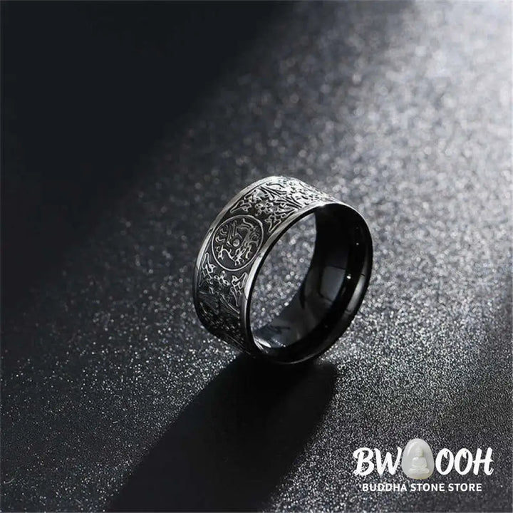 Buddha Stones Four Guardian Beast Dragon White Tiger Suzaku Basalt Carved Success Luck Ring - BWOOOH - Ring