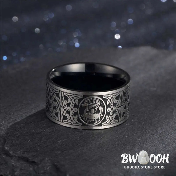 Buddha Stones Four Guardian Beast Dragon White Tiger Suzaku Basalt Carved Success Luck Ring - BWOOOH - Ring