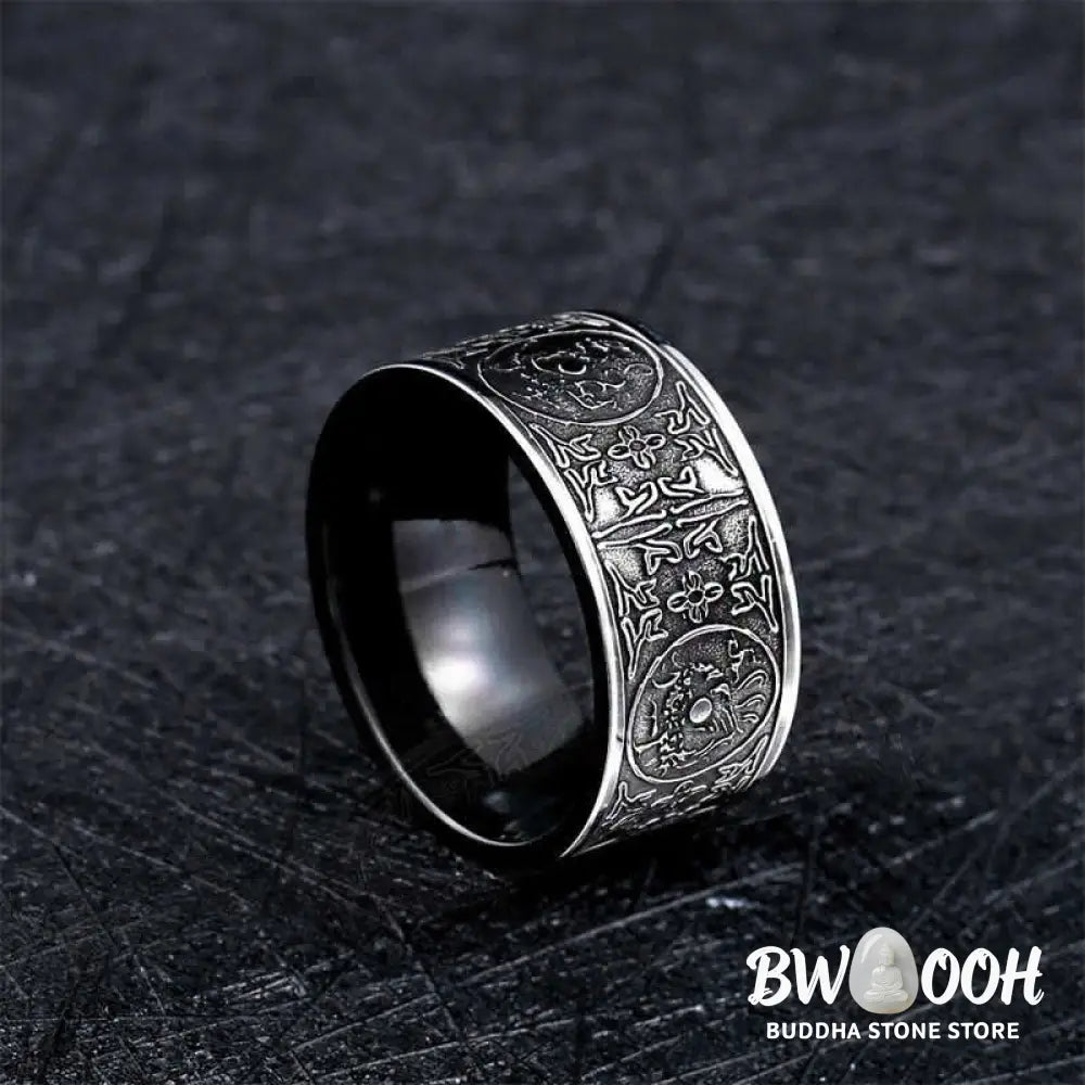 Buddha Stones Four Guardian Beast Dragon White Tiger Suzaku Basalt Carved Success Luck Ring - BWOOOH - Ring
