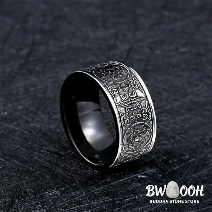 Buddha Stones Four Guardian Beast Dragon White Tiger Suzaku Basalt Carved Success Luck Ring - BWOOOH - Ring