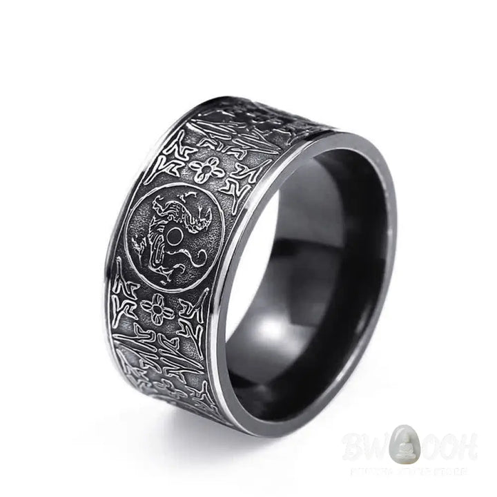 Buddha Stones Four Guardian Beast Dragon White Tiger Suzaku Basalt Carved Success Luck Ring - BWOOOH - Ring