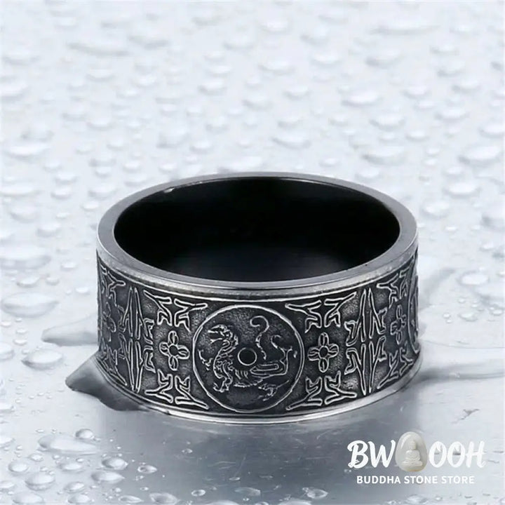 Buddha Stones Four Guardian Beast Dragon White Tiger Suzaku Basalt Carved Success Luck Ring - BWOOOH - Ring