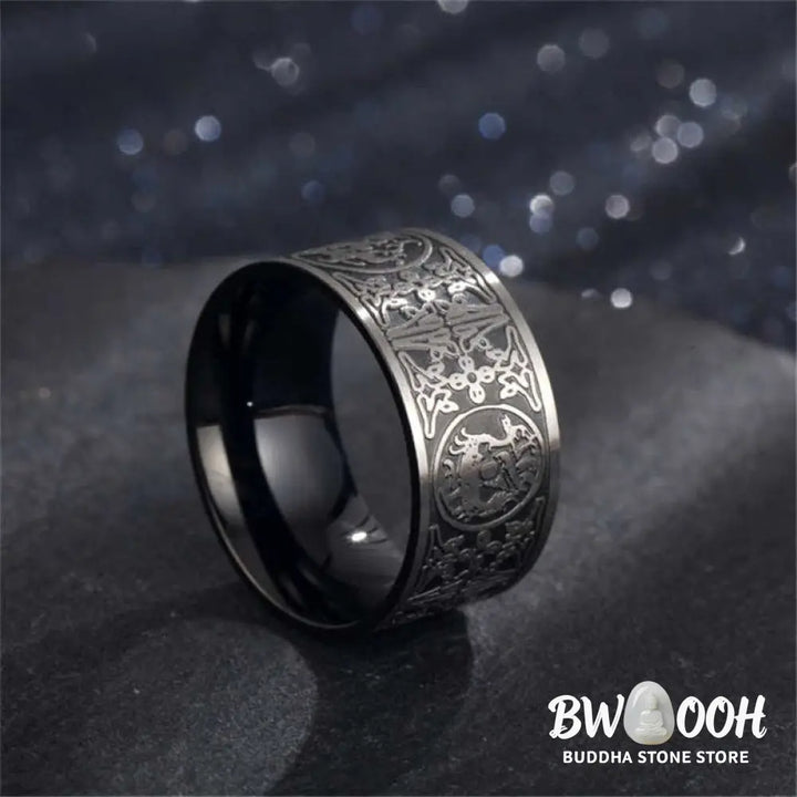 Buddha Stones Four Guardian Beast Dragon White Tiger Suzaku Basalt Carved Success Luck Ring - BWOOOH - Ring