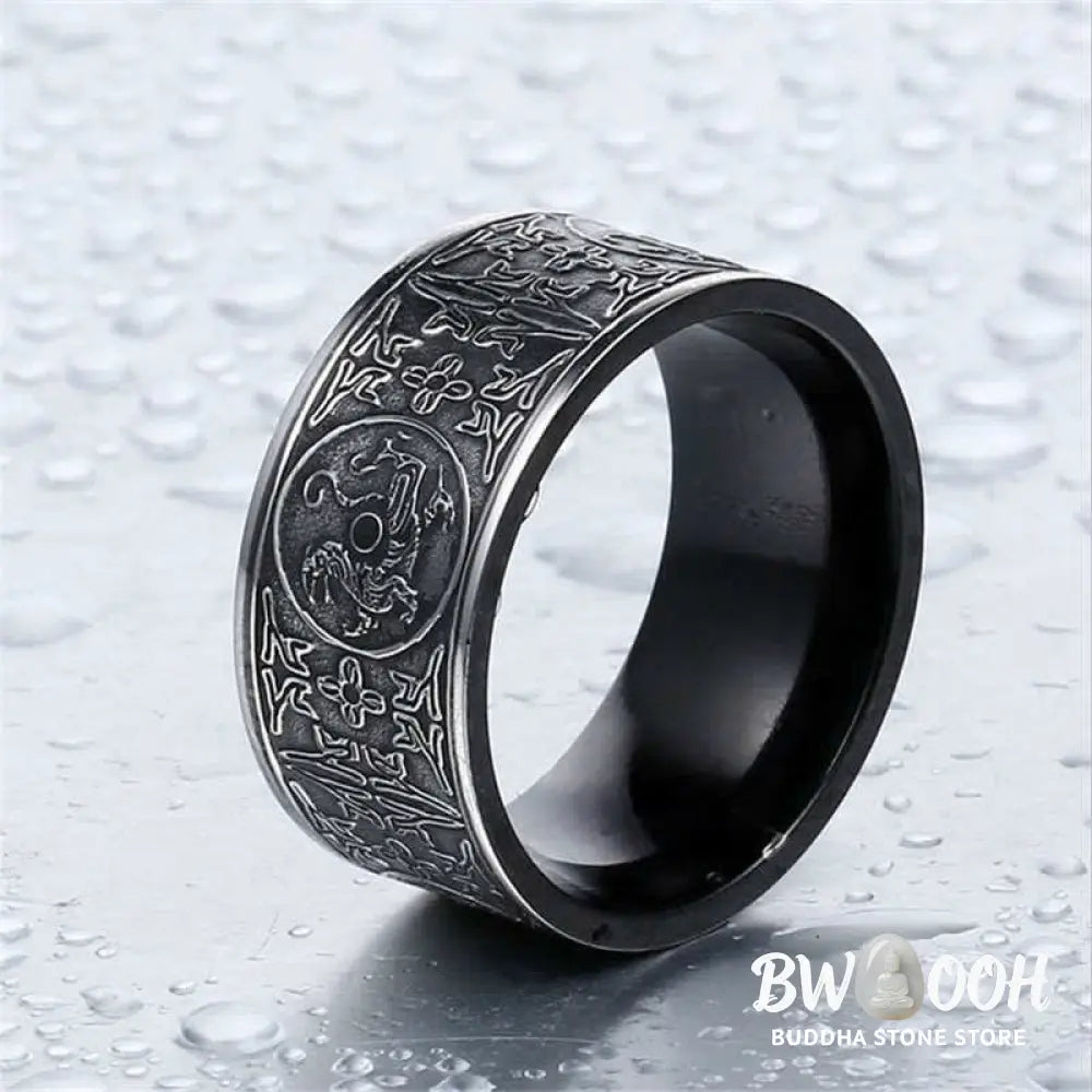 Buddha Stones Four Guardian Beast Dragon White Tiger Suzaku Basalt Carved Success Luck Ring - BWOOOH - Ring