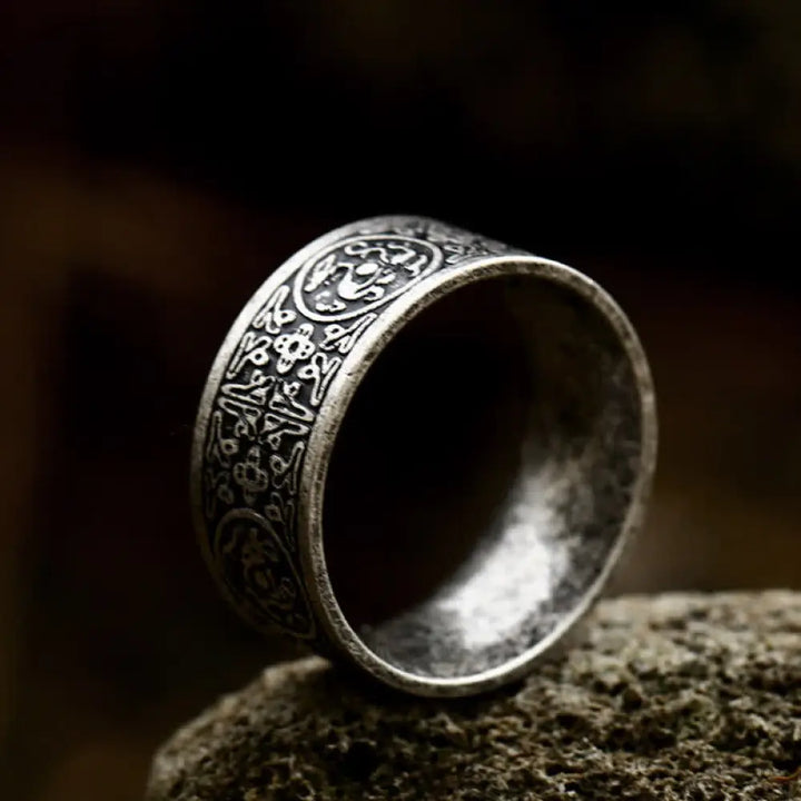 Buddha Stones Four Guardian Beast Dragon White Tiger Suzaku Basalt Carved Success Luck Ring - BWOOOH - Ancient Silver