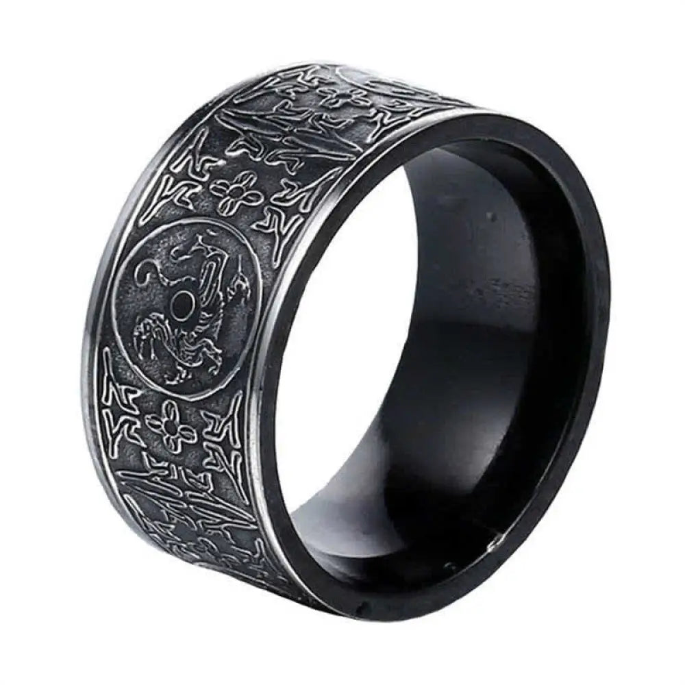 BWOOOH Four Guardian Beast Dragon White Tiger Suzaku Basalt Carved Success Luck Ring — Dragon spiritual jewelry for spirit...