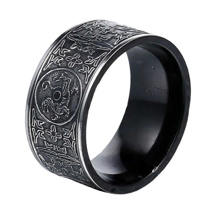 BWOOOH Four Guardian Beast Dragon White Tiger Suzaku Basalt Carved Success Luck Ring — Dragon spiritual jewelry for spirit...