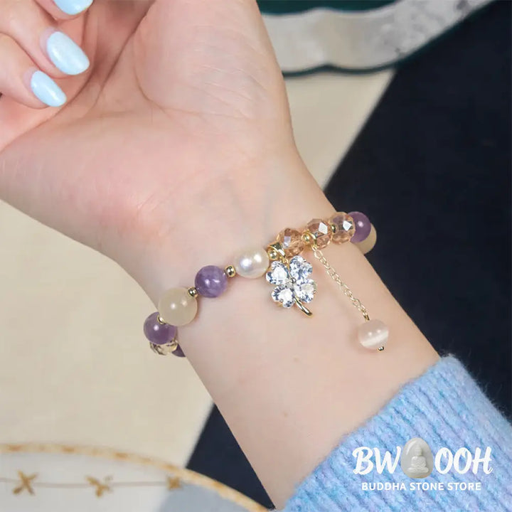 Buddha Stones Four Leaf Clover Amethyst Citrine Green Strawberry Quartz Rutilated Quartz Balance Bracelet - Bracelet