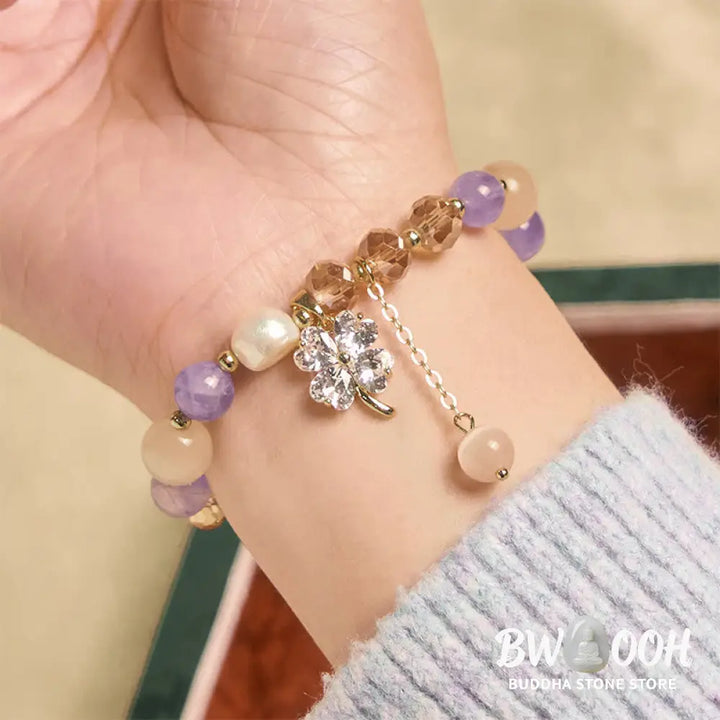 Buddha Stones Four Leaf Clover Amethyst Citrine Green Strawberry Quartz Rutilated Quartz Balance Bracelet - Bracelet