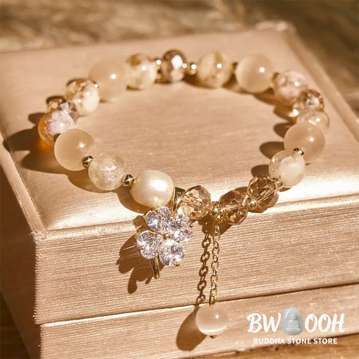 Buddha Stones Four Leaf Clover Amethyst Citrine Green Strawberry Quartz Rutilated Quartz Balance Bracelet - Bracelet