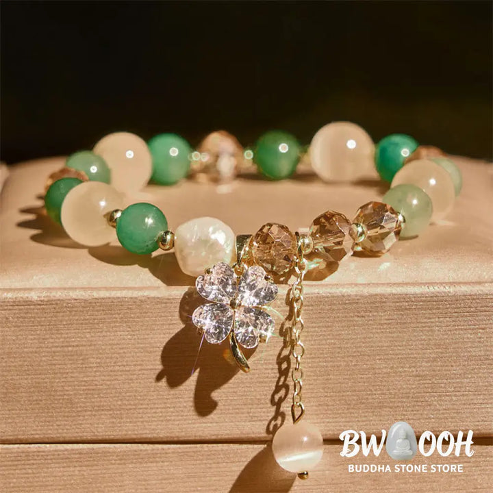 Buddha Stones Four Leaf Clover Amethyst Citrine Green Strawberry Quartz Rutilated Quartz Balance Bracelet - Bracelet