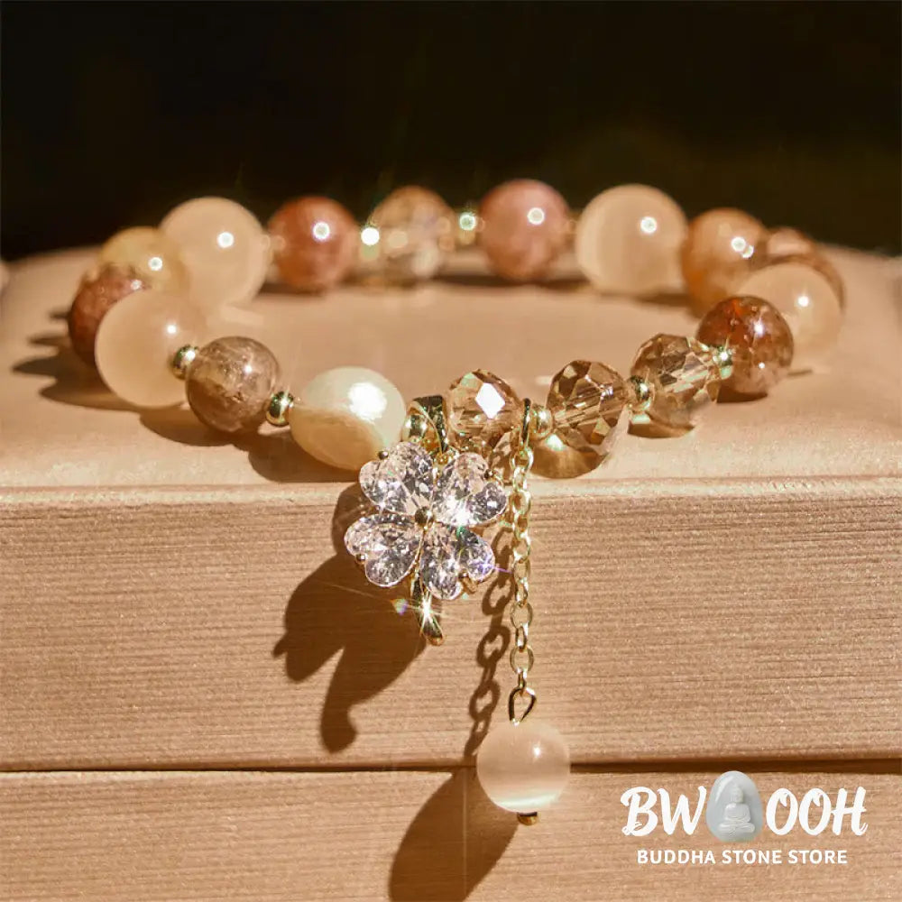 Buddha Stones Four Leaf Clover Amethyst Citrine Green Strawberry Quartz Rutilated Quartz Balance Bracelet - Bracelet