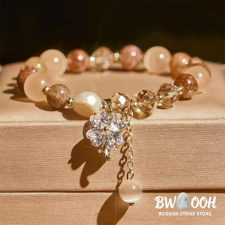 Buddha Stones Four Leaf Clover Amethyst Citrine Green Strawberry Quartz Rutilated Quartz Balance Bracelet - Bracelet