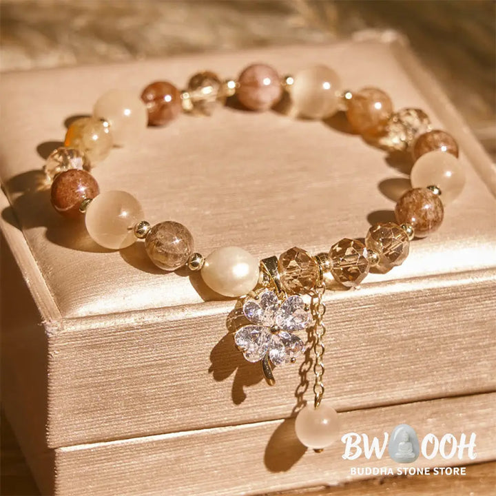 Buddha Stones Four Leaf Clover Amethyst Citrine Green Strawberry Quartz Rutilated Quartz Balance Bracelet - Bracelet