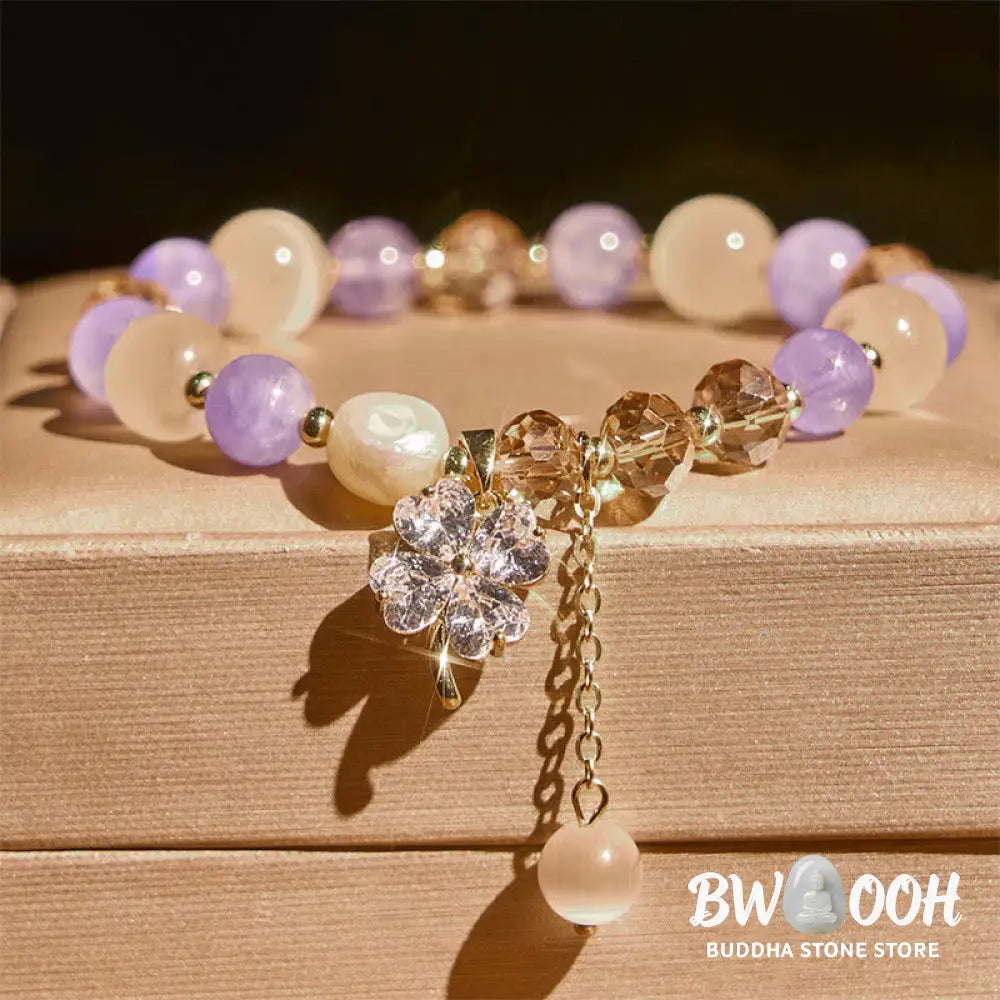 Buddha Stones Four Leaf Clover Amethyst Citrine Green Strawberry Quartz Rutilated Quartz Balance Bracelet - Bracelet