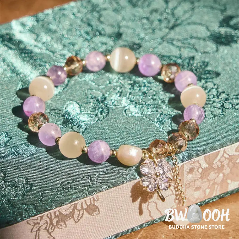 Buddha Stones Four Leaf Clover Amethyst Citrine Green Strawberry Quartz Rutilated Quartz Balance Bracelet - Bracelet
