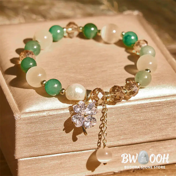 Buddha Stones Four Leaf Clover Amethyst Citrine Green Strawberry Quartz Rutilated Quartz Balance Bracelet - Bracelet