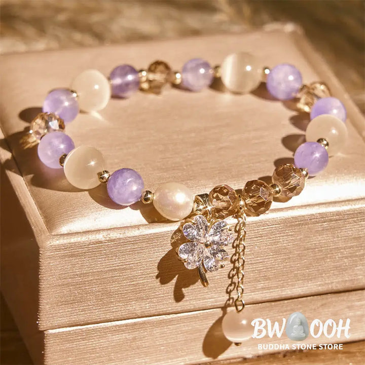 Buddha Stones Four Leaf Clover Amethyst Citrine Green Strawberry Quartz Rutilated Quartz Balance Bracelet - Bracelet