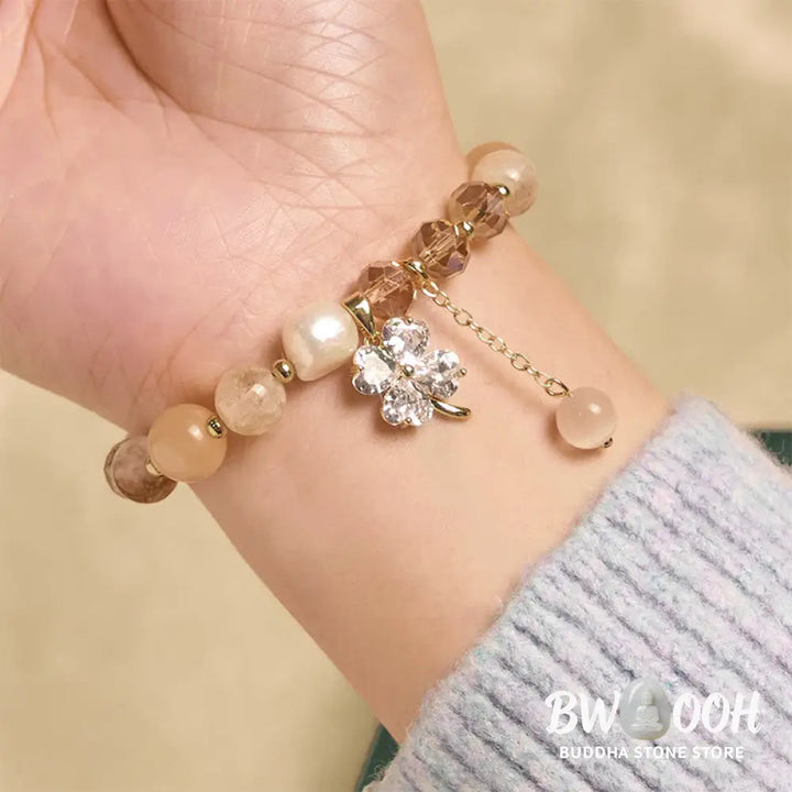 Buddha Stones Four Leaf Clover Amethyst Citrine Green Strawberry Quartz Rutilated Quartz Balance Bracelet - Bracelet