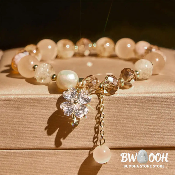 Buddha Stones Four Leaf Clover Amethyst Citrine Green Strawberry Quartz Rutilated Quartz Balance Bracelet - Bracelet