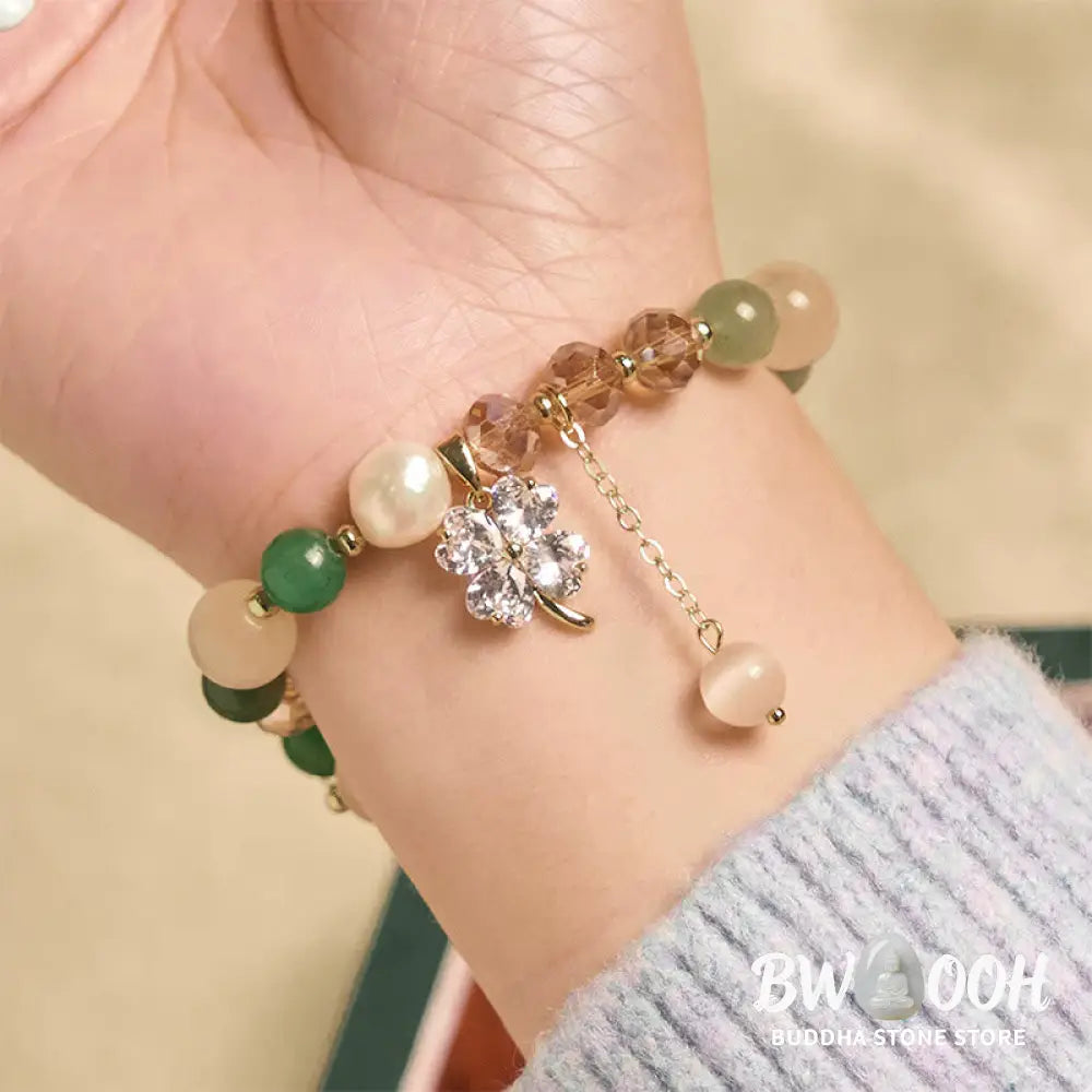 Buddha Stones Four Leaf Clover Amethyst Citrine Green Strawberry Quartz Rutilated Quartz Balance Bracelet - Bracelet